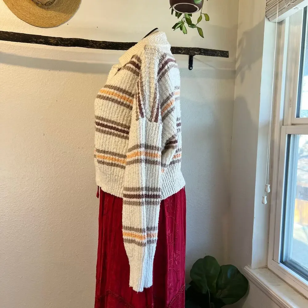 Free People Kennedy Striped Collared Cropped Chunky Knit Sweater Size Large